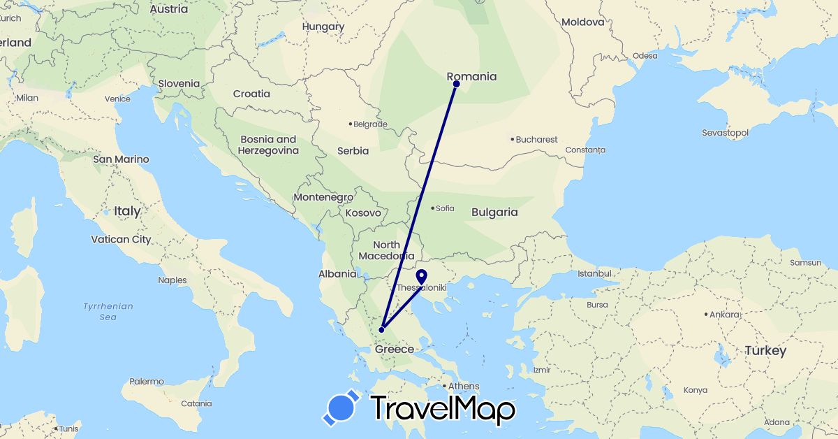 TravelMap itinerary: driving in Greece, Romania (Europe)