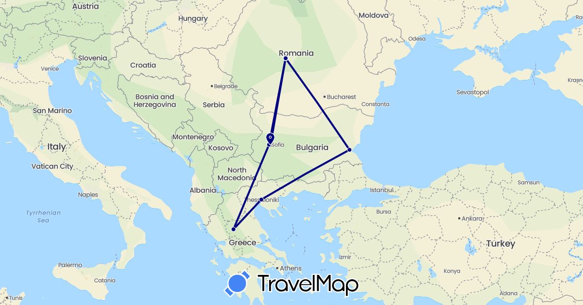 TravelMap itinerary: driving in Bulgaria, Greece, Romania (Europe)
